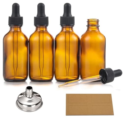 4 Pack, 2 oz Bottles with Dropper & 1 Funnel & 4 Labels - Essential Oils Bottles for Health, Personal Care & Beauty - 60ml Thick Dark Amber Glass Tincture Bottles, Refillable Cosmetic Containers
