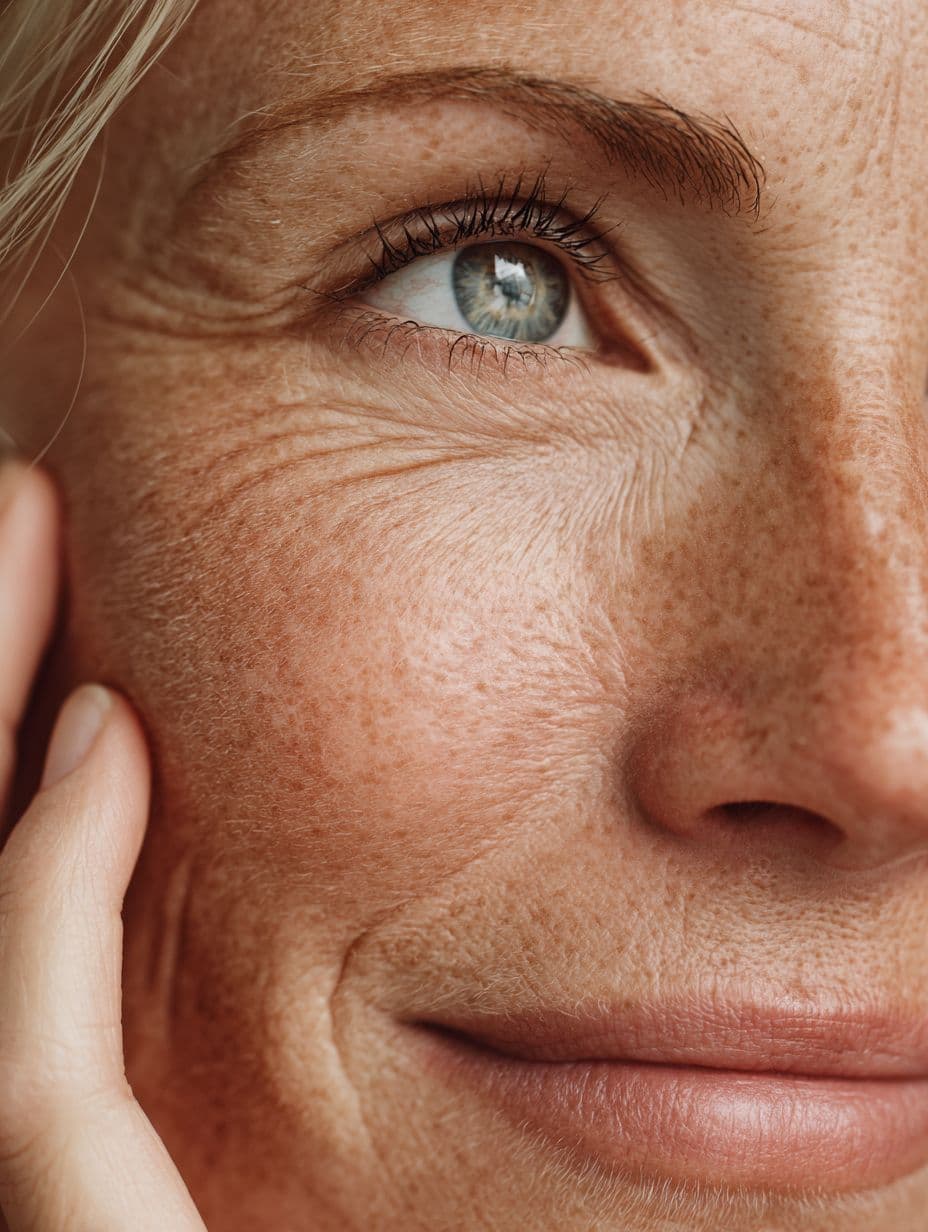 A close up of a woman smiling with visible fine lines and wrinkles