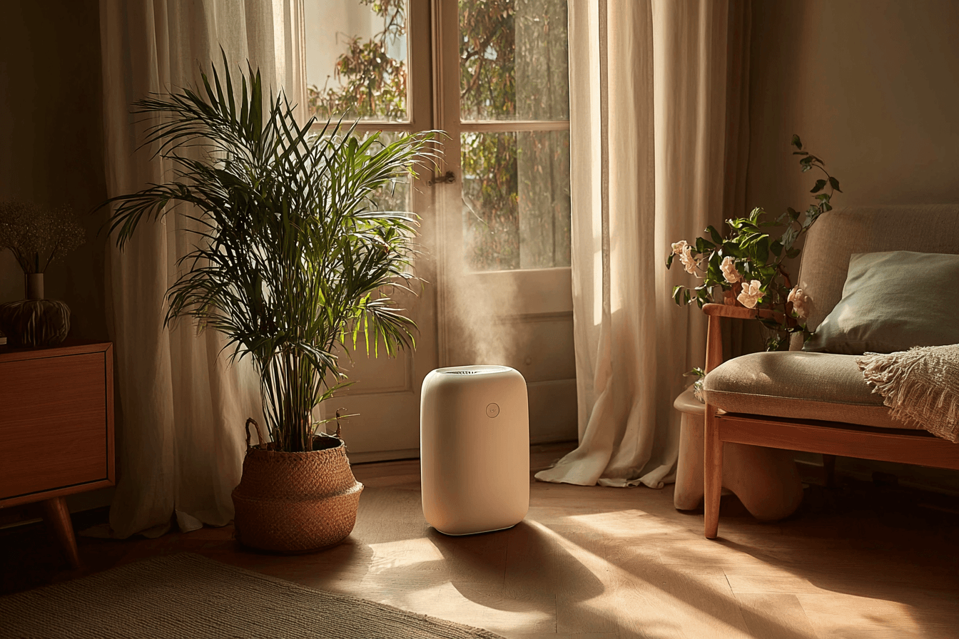 Air purifier in living room next to a potted plant, a cushioned chair and a windowed door shining light into the room