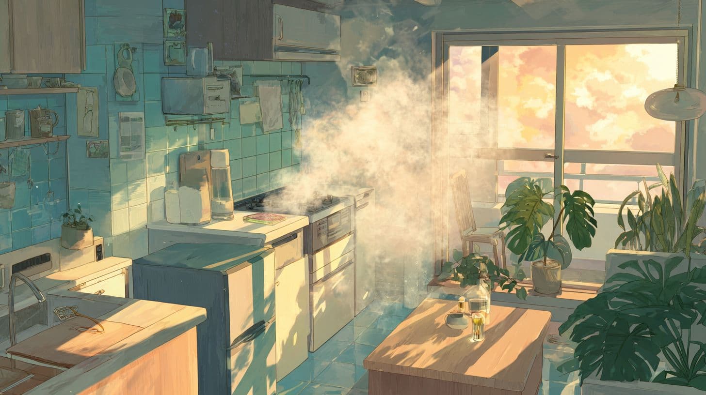 A cozy home in autumn with warm light filtering through windows and visible kitchen steam, symbolizing indoor air pollution.