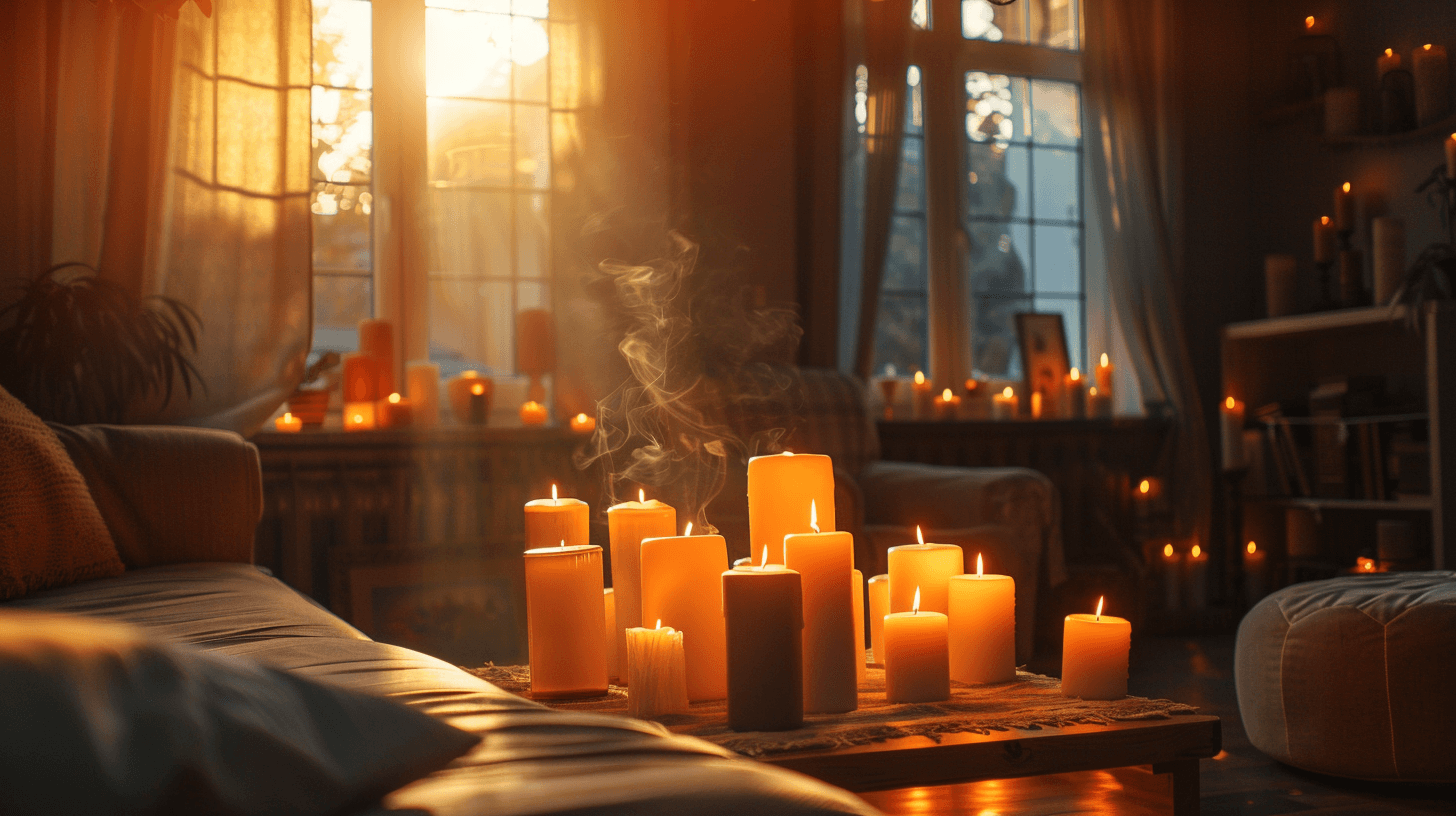 a few candles on a table and scattered across the living room, with smoke rising in air