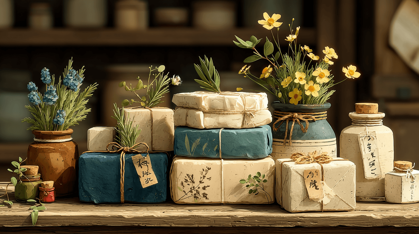 Gift wrapped in linen fabric and twine next to ceramic vase with dried flowers on neutral couch