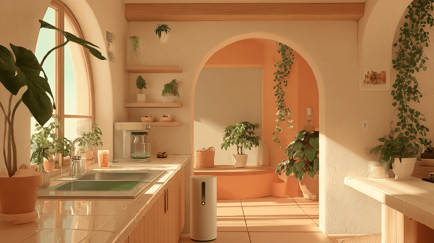 Clean kitchen with plants around the corners of the room with and air purifier at the center.
